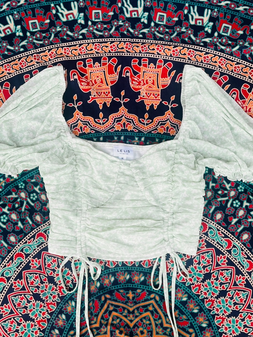 Le Lis Light Mint Ruched Bodice Puff-Sleeve Crop Top